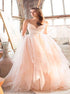 Ball Gown Light Pink Tulle Ruffles Appliques Prom Dresses LBQ1550